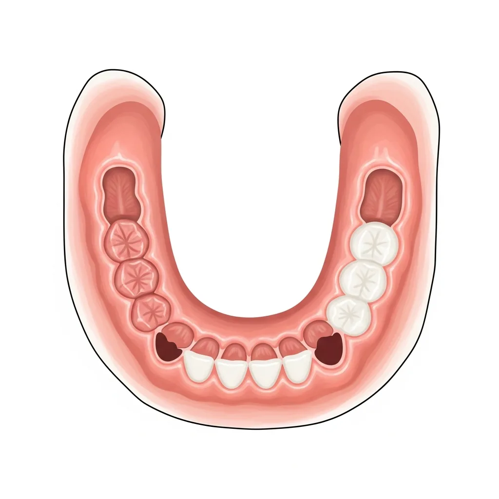Illustration eines zahnlosen Unterkiefers mit geplanter Implantatversorgung